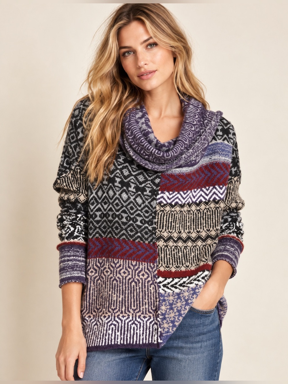 Free People Patchwork Cowl Sweater in Purple, Black, Cream, and Burgundy